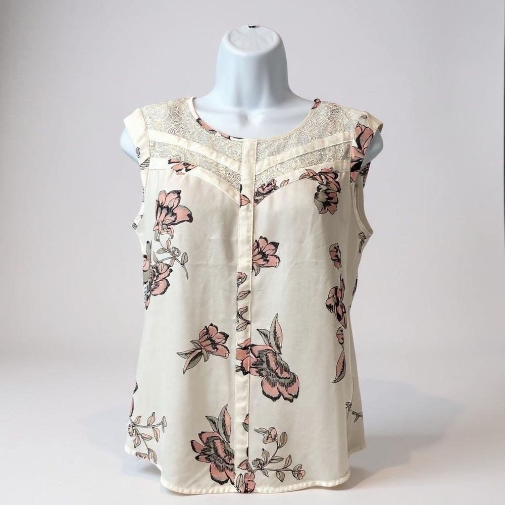 Candie's Ivory Pink Floral Lace Trim Blouse XS Sleeveless Romantic
